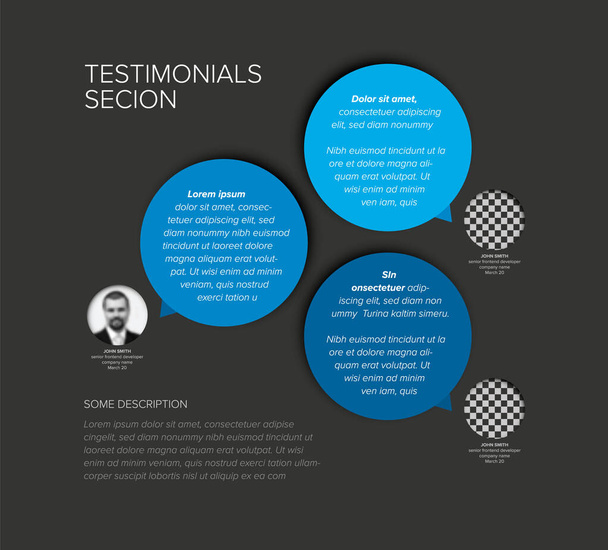 Simple dark minimalistic testimonial review section layout template with three blue testimonials, photo placeholders, quotes and big colorfull circle speech bubbles with review text - Vektör, Görsel