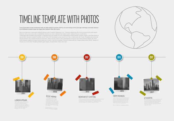 Vector Infographic Company Milestones Timeline Template with photo placeholders as snapshots on a line. Simple horizontal timeline with photo pictures placeholders. - Vektör, Görsel