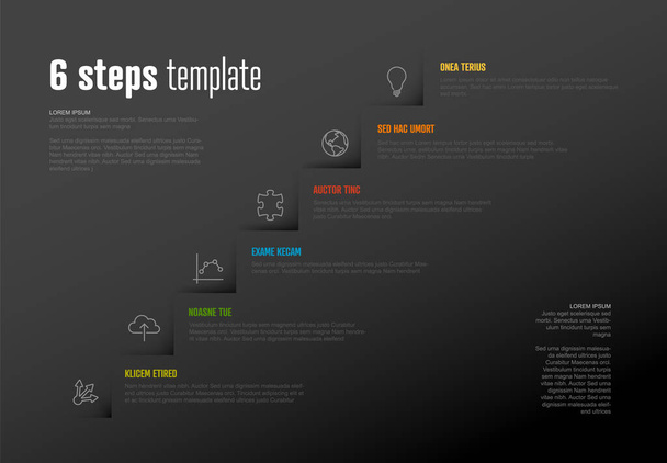 Vector Infographic steps diagram template for workflow, business schema or procedure diagram - dark version with icons. Progress steps with titles descriptions and icons - Wektor, obraz