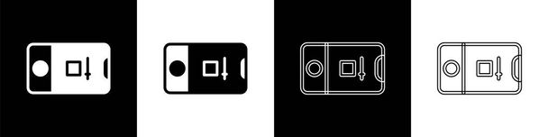 Set Mobile phone with record frame camera icon isolated on black and white background. Mobile app application. Photo and video shooting. Vector - Wektor, obraz