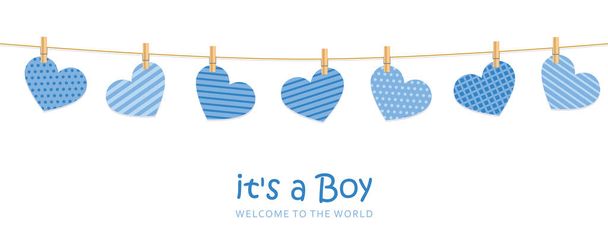 its a boy welcome greeting card for childbirth with hanging hearts - Vector, Image