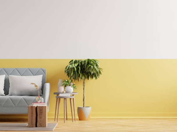Interior minimalista moderno con sofá en fondo de pared amarillo vacío.Representación 3D - Foto, Imagen