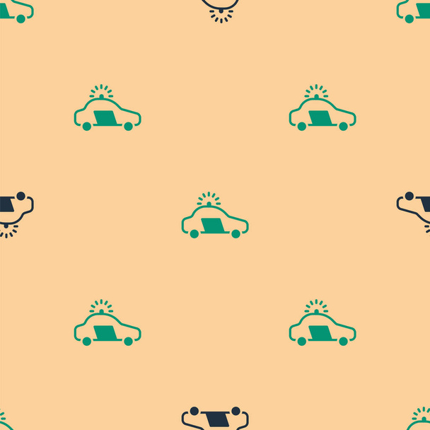 Green and black Police car and police flasher icon isolated seamless pattern on beige background. Emergency flashing siren. Vector - Vector, Image