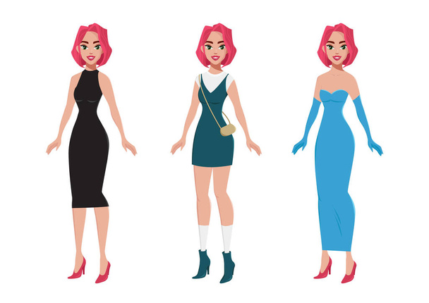 Illustrazione vettoriale di ragazza dai capelli rosa in abito elegante. Bambola di carta. - Vettoriali, immagini