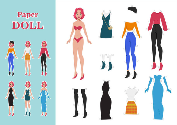 Vector beautiful paper doll for cutting with clothes: dresses, beret, shoes, jeans, T-shirt, sweater. Body template. - Vector, afbeelding