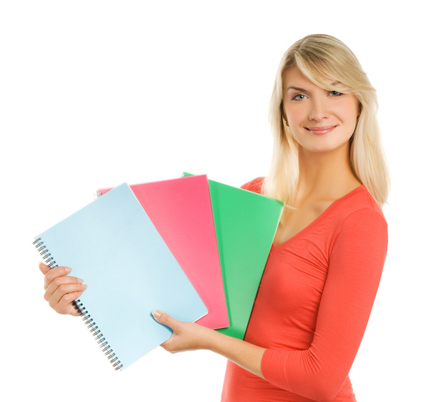 atraktivní dospívající dívka s notebookem izolovaných na bílém backgro - Fotografie, Obrázek