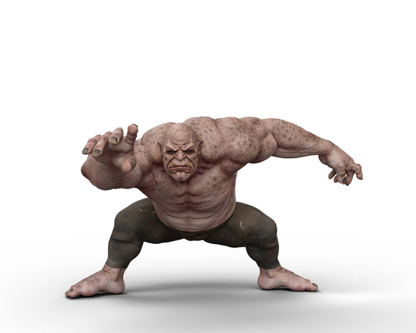 A giant ogre fantasy creature in crouching pose. 3D illustration isolated on a white background. - Photo, Image