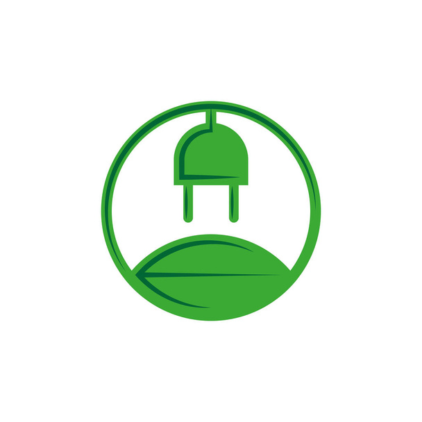 Hoja verde con el logotipo redondo de energía alternativa del enchufe eléctrico, concepto de fuentes limpias de energía renovable. - Vector, imagen