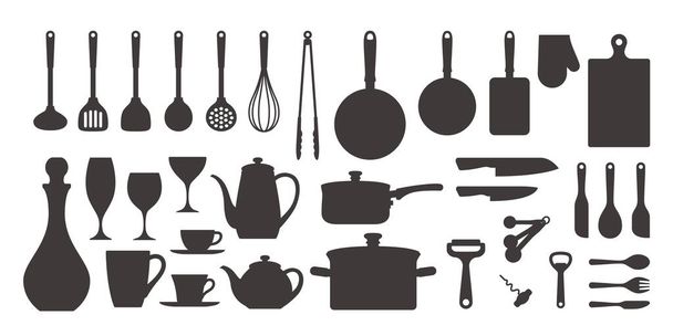 Kookgerei, servies. silhouet keuken pictogram set. - Vector, afbeelding