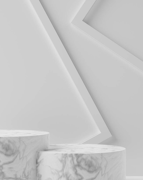 3D-weergave lege witte marmeren cilinder podia met twee frames op de muur. - Foto, afbeelding