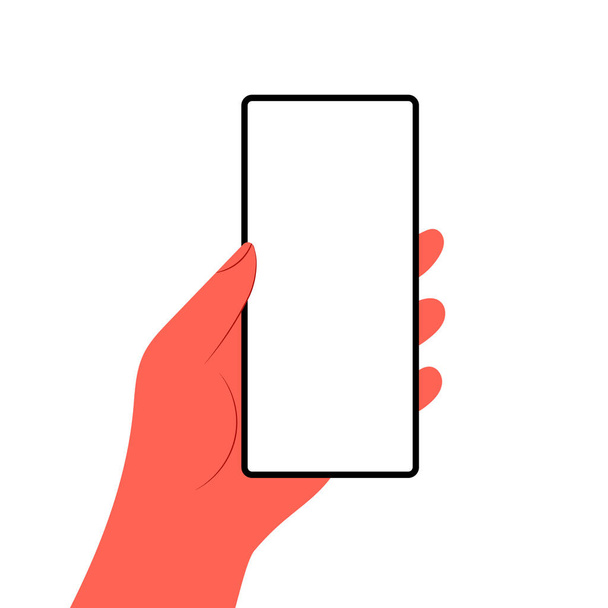 Человеческие руки держат горизонтально мобильный телефон с пустым экраном. Рука держит телефоны с пустыми экранами макет. Прокрутка или поиск плоских векторных изображений - Вектор,изображение