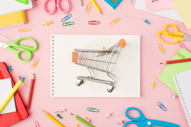 Top view photo of multicolor stationery scissors pens pencils pins clips calculator notepads and shopping cart model on open notebook in the middle on isolated pastel pink background - Photo, Image