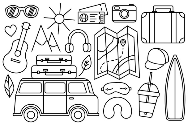 Travel to the mountains by the sea, hike. Eco tourism. Camping outdoor recreation. Vector line icon. Editable stroke. Doodle style - Vecteur, image