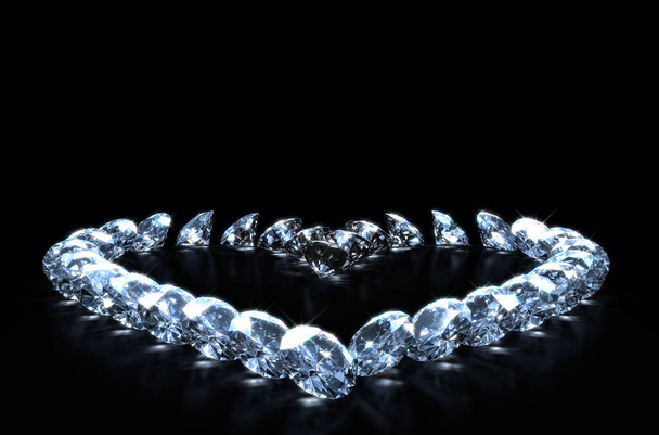黒の孤立した背景にハート型のカットダイヤモンドの配列のクローズアップビュー- 3Dレンダリング - 写真・画像
