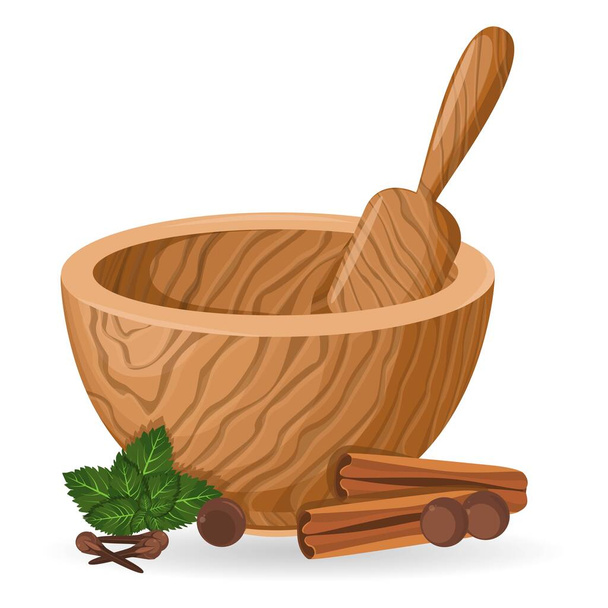 A wooden mortar and pestle. Tool for grinding and kneading.  Kitchen. Cooking. Health & Medicine. Vector. Close-up. - Wektor, obraz