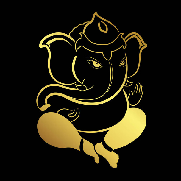 Ganesha god of elephant with golden border elements by hands sketch style. illustration isolated on black background - Vector, Image