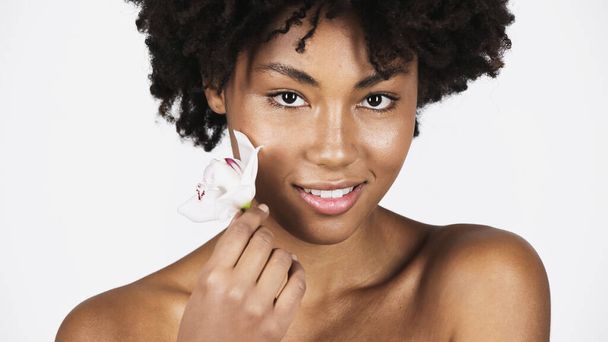 Smiling african american woman holding orchid near cheek isolated on grey  - Foto, immagini