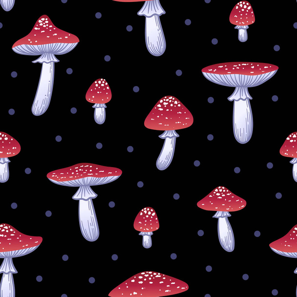 Seamless pattern with fly agaric on black background. Hand drawn vector mushrooms. Texture fot print, textile, packaging. Hand drawn vector illustration. Red poisonous mushroom. - Vetor, Imagem