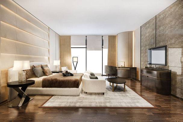 3D візуалізація красивого комерційного сучасного люксового номеру спальні в готелі з телевізором і диваном
 - Фото, зображення