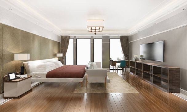 3d rendering beautiful classic orange luxury bedroom suite in hotel with tv - Fotoğraf, Görsel