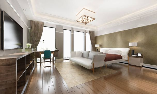 3d rendering piękny klasyczny pomarańczowy luksusowy apartament sypialnia w hotelu z TV - Zdjęcie, obraz