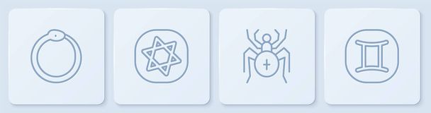 Встановити лінію Ouroboros, Spider, Tarot cards і Gemini zodiac. Біла квадратна кнопка. Вектор - Вектор, зображення