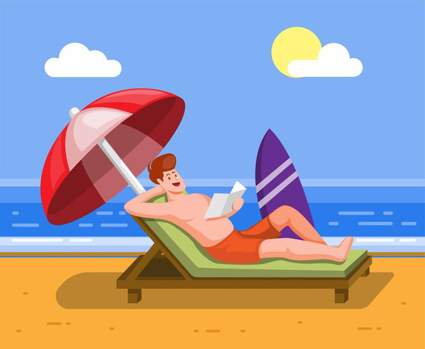 чоловік розслабляється сидить у кріслі сонячні ванни на пляжі, концепція літніх канікул у мультфільмі Векторні ілюстрації
 - Вектор, зображення