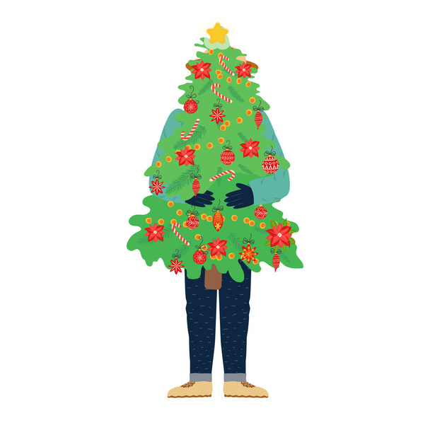 Happy man hugging carrying Christmas tree. Holiday preparation concept. - Vector, Image