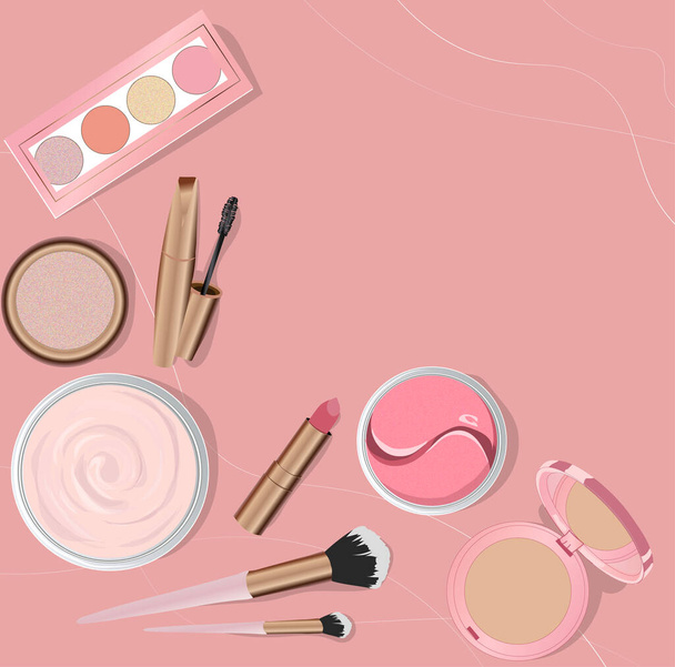  Illustration of decorative and care cosmetics on a pink background. Cream, Patches, Mascara, Eye shadow, Highlighter, Powder, Brushes, Lipstick - Vector, Image
