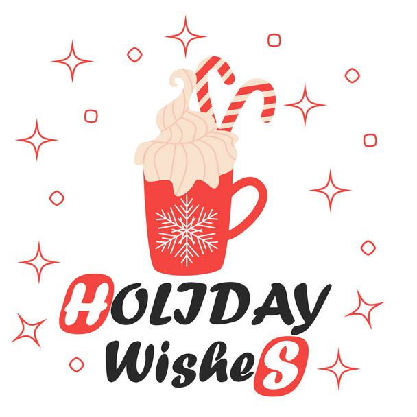 Merry Christmas Card. Red Mug with Hot Chocolate Cocoa, greeting card, apparel and label design. - Вектор, зображення