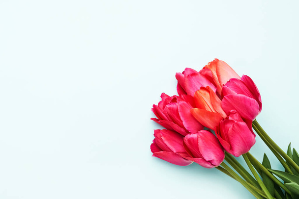 Ramo de tulipanes rosados brillantes sobre un fondo azul claro, enfoque selectivo. Día de las Madres, concepto de celebración de cumpleaños. Colocación plana, espacio de copia para texto - Foto, Imagen