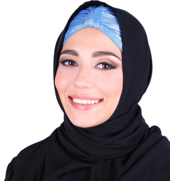 Beautiful muslim arabic woman on grey background - Valokuva, kuva