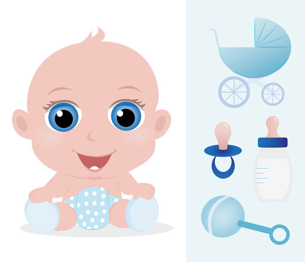 Adorable baby boy and baby accessories set - Vector, Image