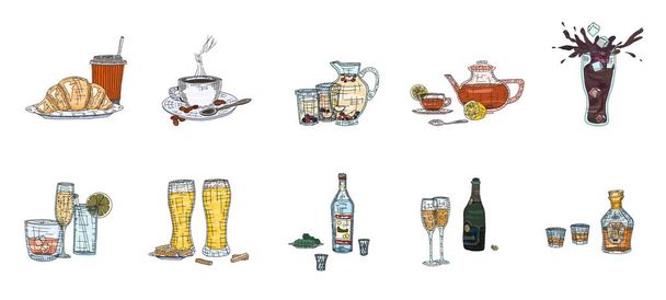 una gran selección de bebidas del boceto del restaurante. bosquejo imagen stock - Vector, imagen