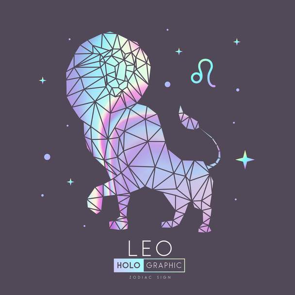 Modern magic holographic witchcraft card with astrology Leo zodiac sign. Lion head in polygonal style - Vektor, kép