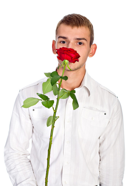 Young Man With Rose isolated on white - Fotó, kép