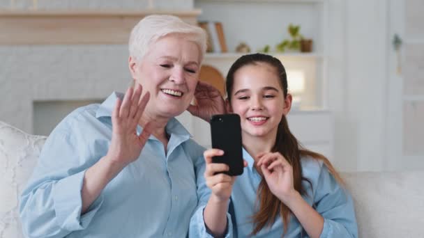 Oude oma en kleine kleindochter hebben plezier met behulp van smartphone kijken naar scherm lachen praten maken online videogesprek nemen selfie bonding zitten op de bank thuis. Twee generatie familie met gadget concept - Video