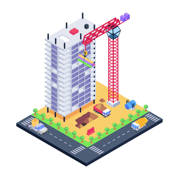 isometric city building with urban buildings and road vector illustration - Vetor, Imagem