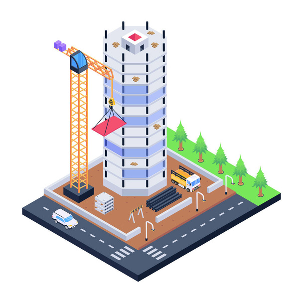 isometric vector illustration of a building with a city. - Vetor, Imagem