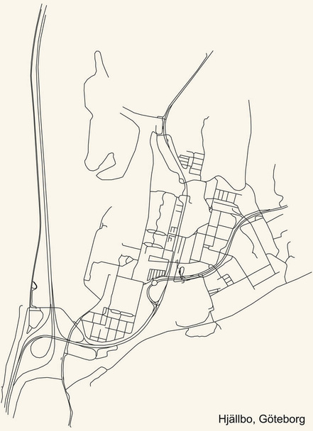 Preto simples mapa detalhado de estradas de rua no fundo bege vintage do bairro Hjllbo, distrito de Gotemburgo, Suécia - Vetor, Imagem