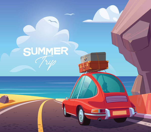 Young couple in red car on summer trip vector illustration - Vektor, kép