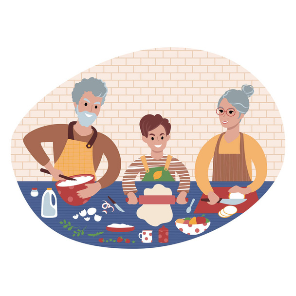 Les grands-parents cuisinent avec leurs petits-enfants. Illustration style plat. - Vecteur, image