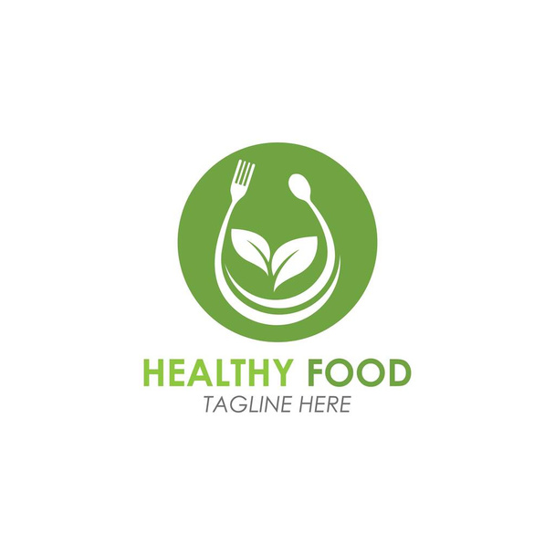  Логотип здоровой пищи вилка с зелеными листьями украшения векторная икона - Вектор,изображение