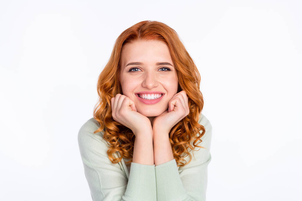 Photo portrait of young woman cute happy smiling laughing overjoyed isolated white color background - Fotó, kép