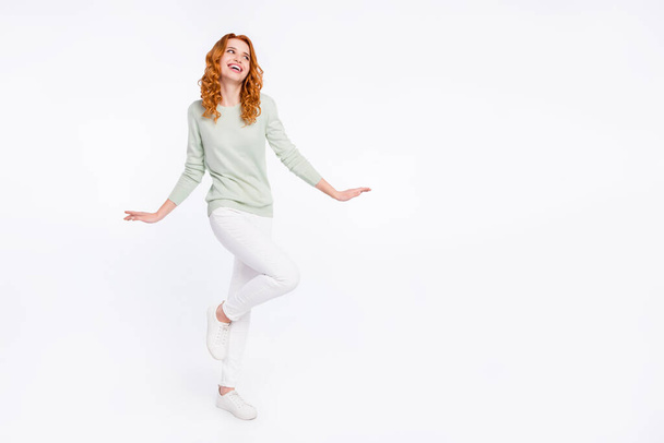 Full length body size photo young woman red hair looking copyspace dancing at party isolated white color background - Фото, изображение
