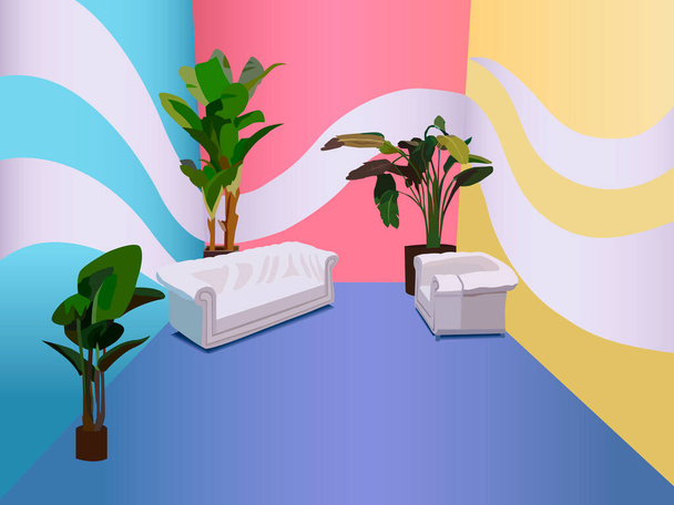 illustration représentant une pièce avec un motif sur les murs, un canapé et un fauteuil, et des plantes d'intérieur pour créer un arrière-plan pour d'autres illustrations et intérieurs - Vecteur, image
