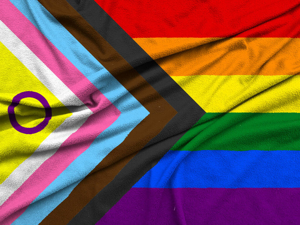 Κουβέρτα με τη σημαία χωρίς αποκλεισμούς ΛΟΑΤ, συμπεριλαμβανομένων των χρωμάτων σημαία intersex και με μερικές ρυτίδες - Φωτογραφία, εικόνα
