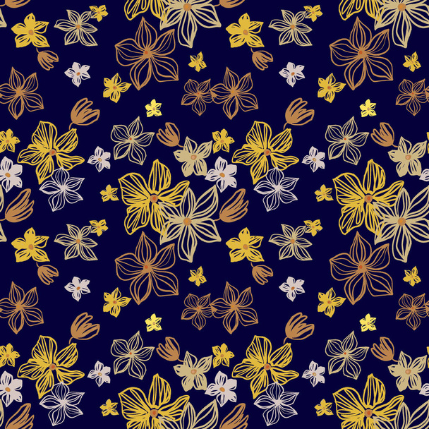 Abstract flowers vector seamless pattern with drawing yellow, gold, silver, purple . Floral watercolor background and line art hand drawn illustration. Exotic flowering autumn texture print - Vetor, Imagem