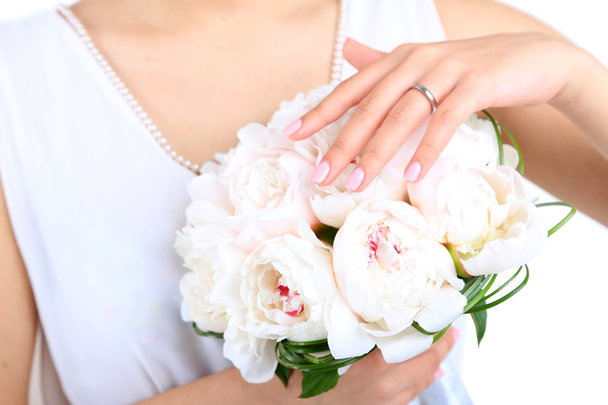 Bride holding wedding bouquet of white peonies, close-up - Photo, Image