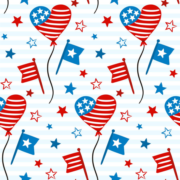 Seamless doodle pattern for Independence Day USA. Background of hand-drawn elements for July 4th in the national colors of the United States of America. Vector illustration for a festive decoration. - Vektor, obrázek